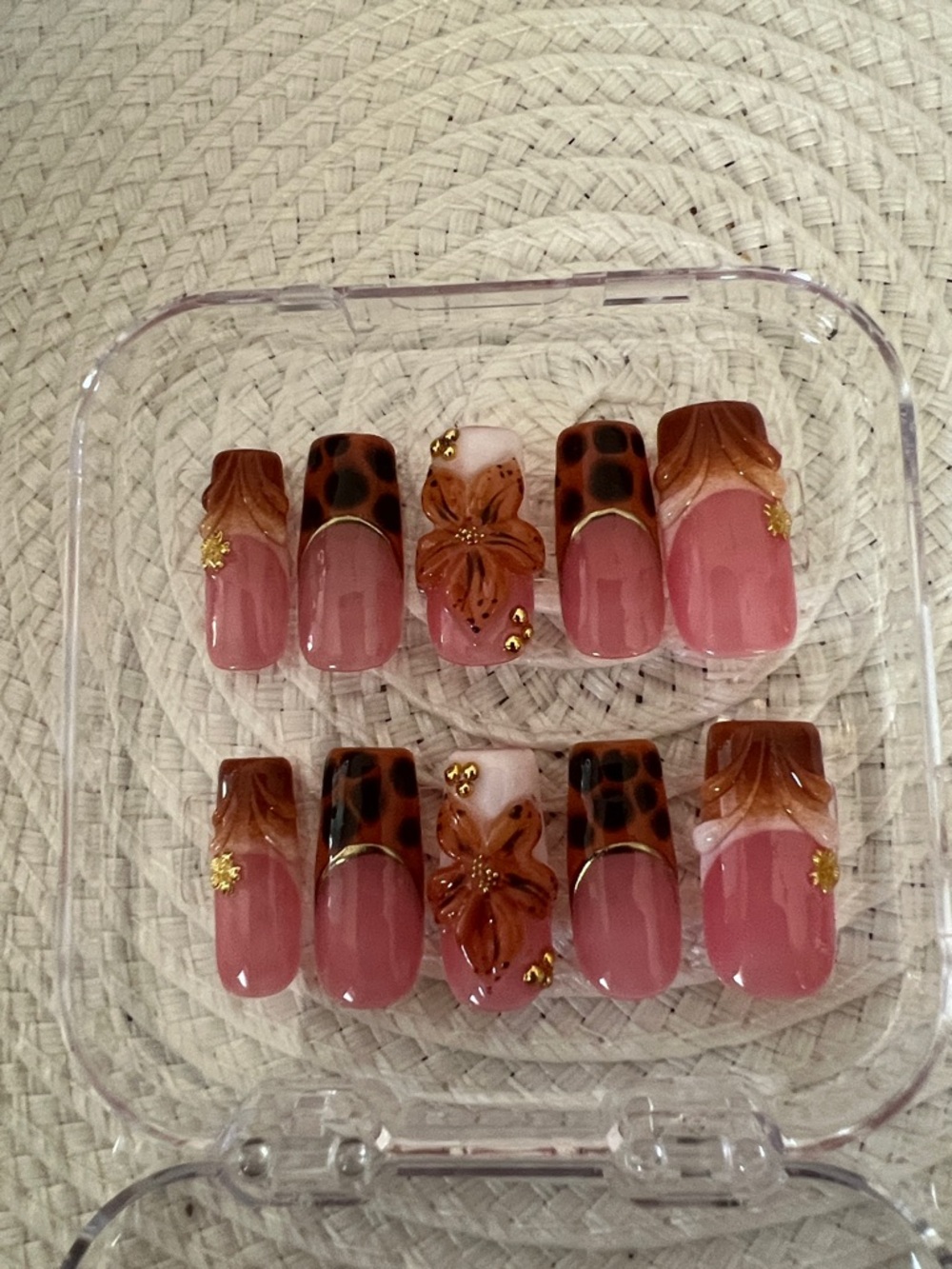 False Ombre Pink Press-On Nail Set with Floral & Leopard Accents